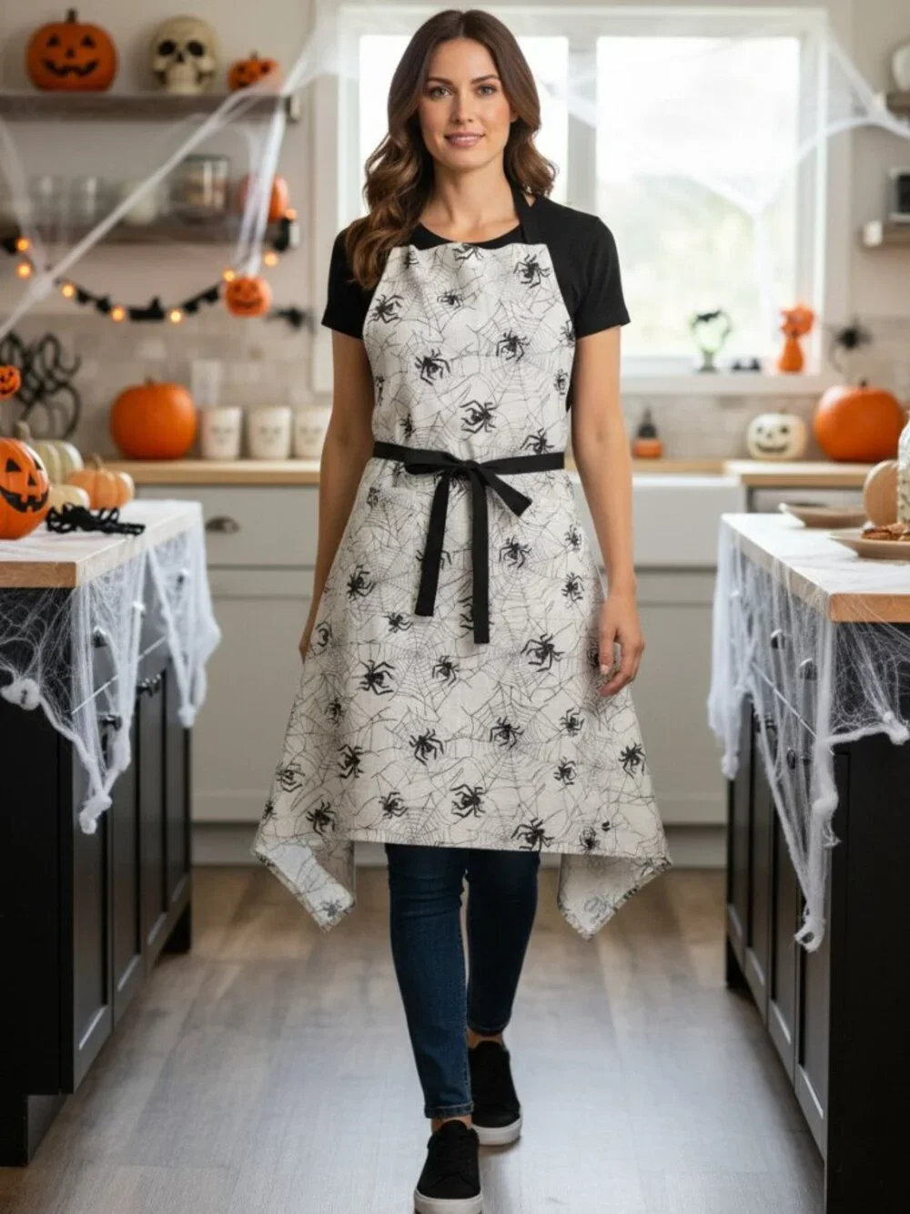 Halloween Spider Web Apron Black White Spooky Kitchen Cooking NEW